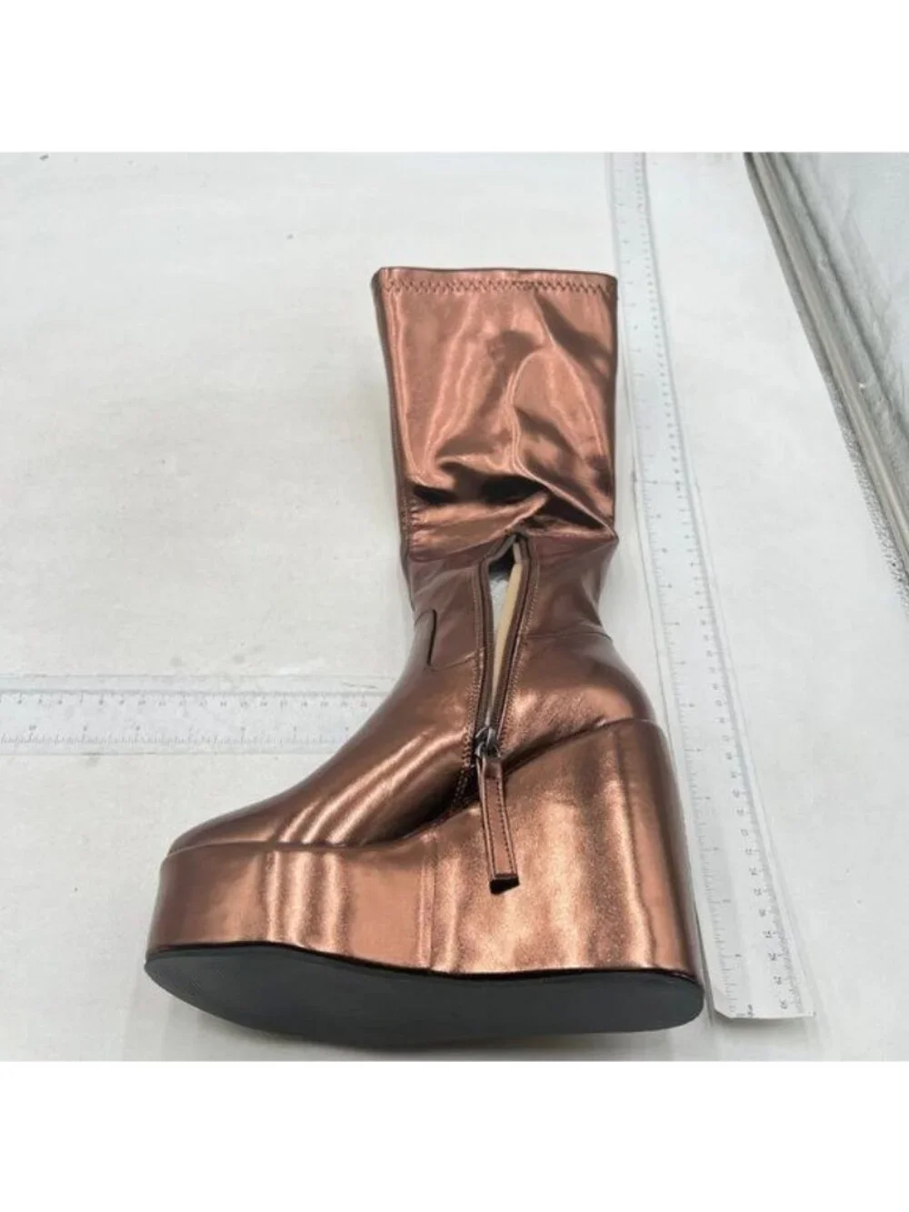 Women Platform Side Zipper Wedge High Heel Point Toe Fancy Pull On Ladies Brown